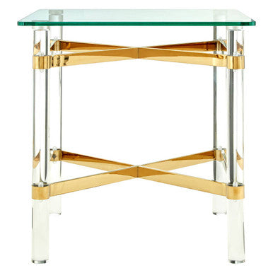 Clear Glass and Gold Finish Side Table with Acrylic Legs