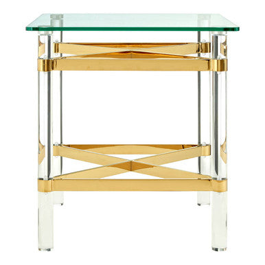Clear Glass and Gold Finish Side Table with Acrylic Legs