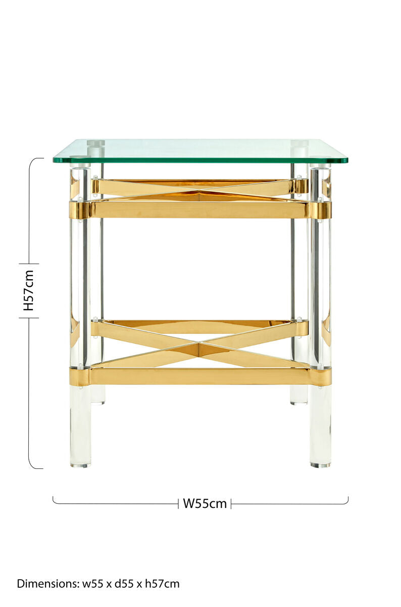 Clear Glass and Gold Finish Side Table with Acrylic Legs
