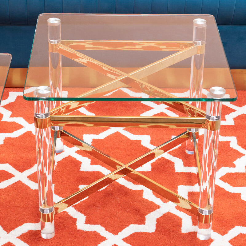 Clear Glass and Gold Finish Side Table with Acrylic Legs
