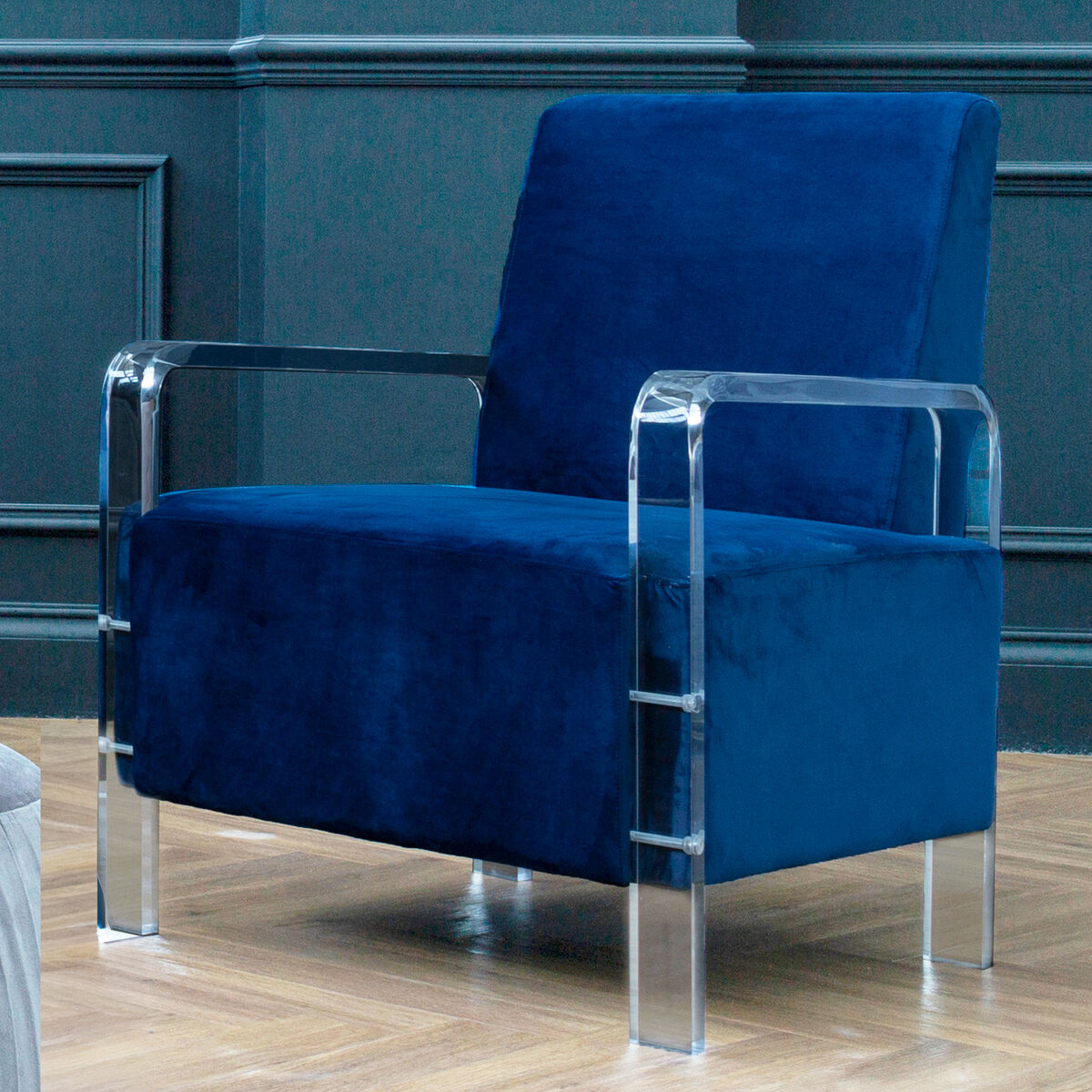 Navy Blue Velvet Armchair with Acrylic Legs