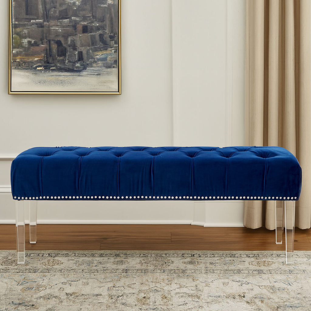 Blue Velvet Bench with Acrylic Legs