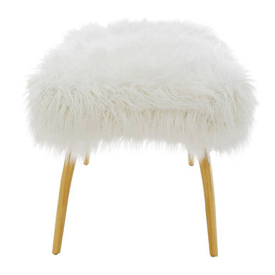 White Faux Fur Bench with Gold Finish Legs