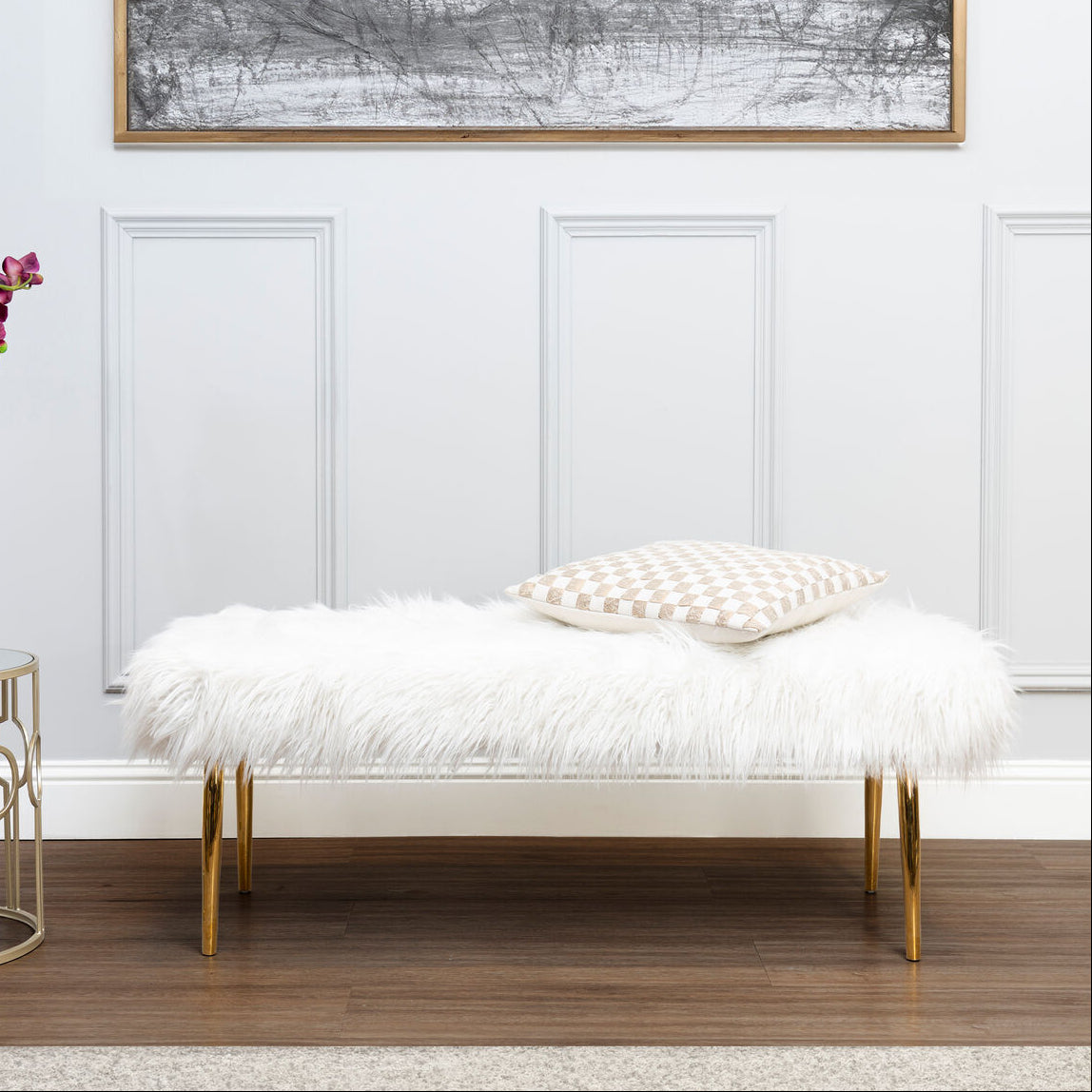 White Faux Fur Bench with Gold Finish Legs