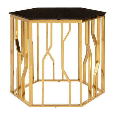 Black Glass and Gold Finish Hexagonal Side Table