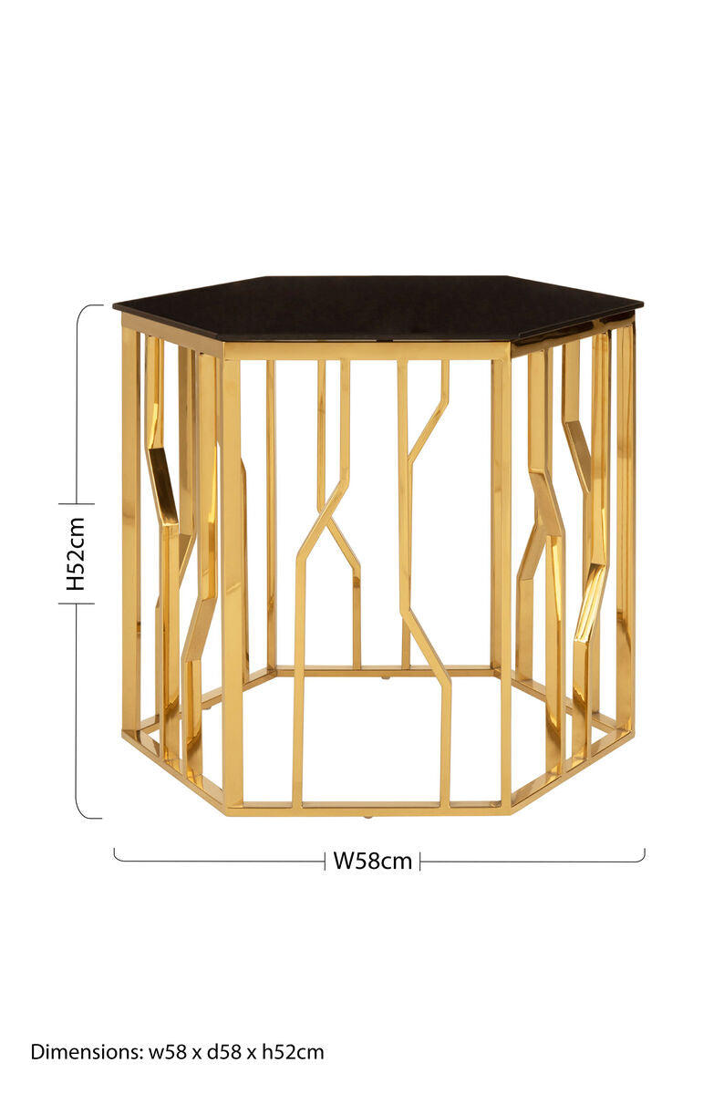 Black Glass and Gold Finish Hexagonal Side Table
