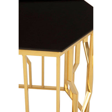 Black Glass and Gold Finish Hexagonal Side Table