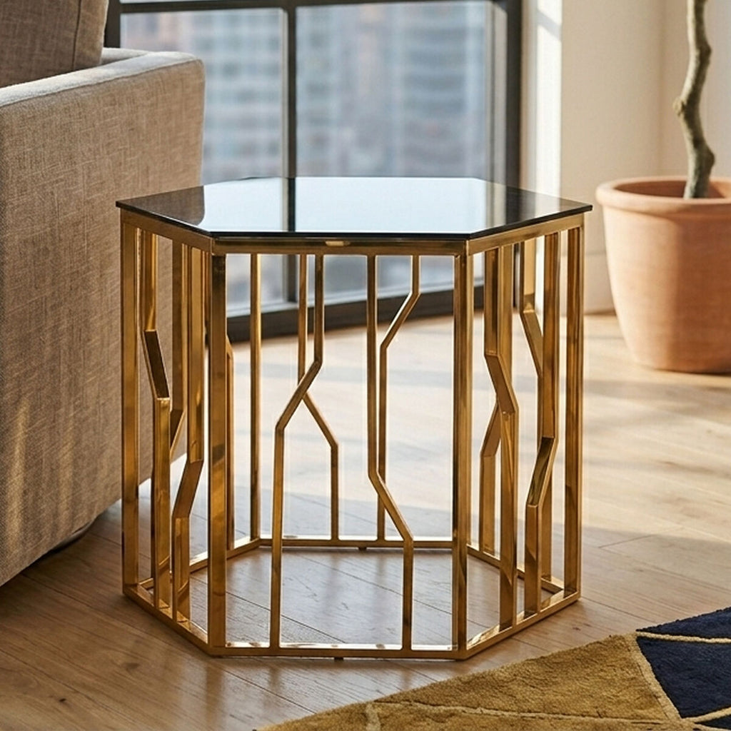 Black Glass and Gold Finish Hexagonal Side Table