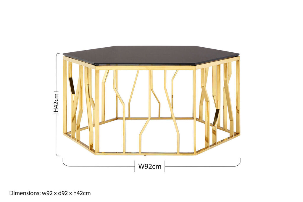 Black Glass and Gold Finish Hexagonal Coffee Table