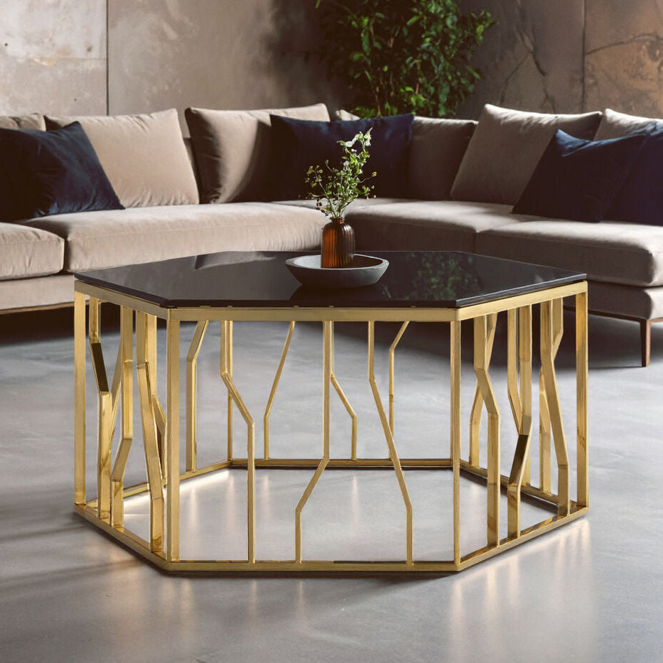 Black Glass and Gold Finish Hexagonal Coffee Table