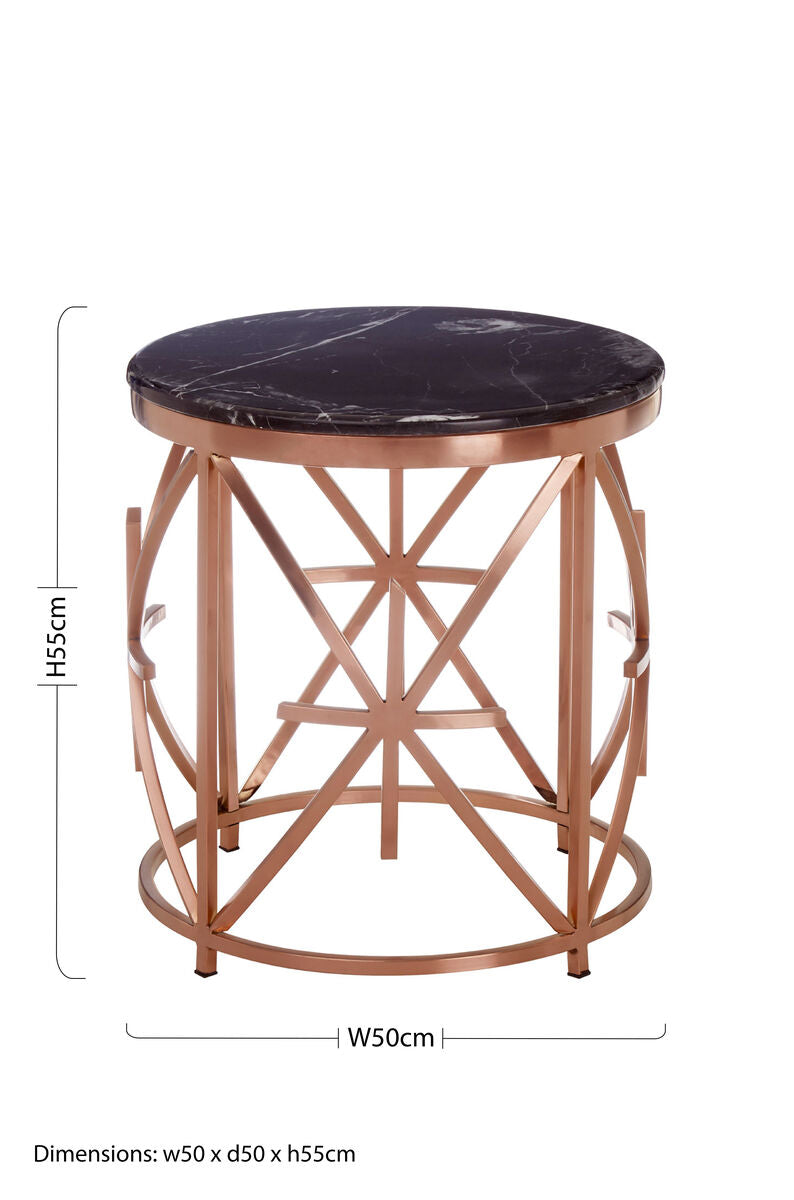 Black Marble Round Side Table with Rose Gold Finish Frame
