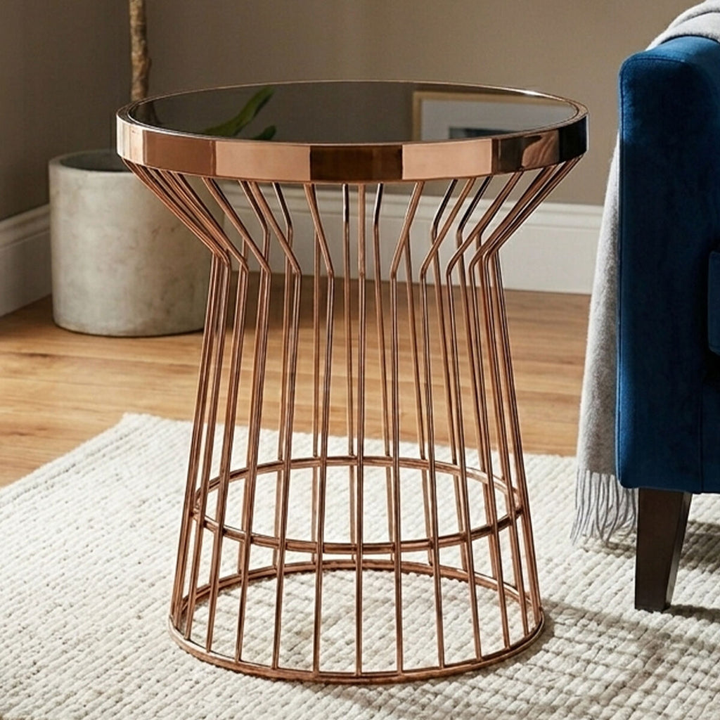 Black Glass and Copper Finish Round Side Table