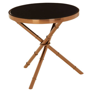 Black Glass Round Side Table with Rose Gold Finish Frame