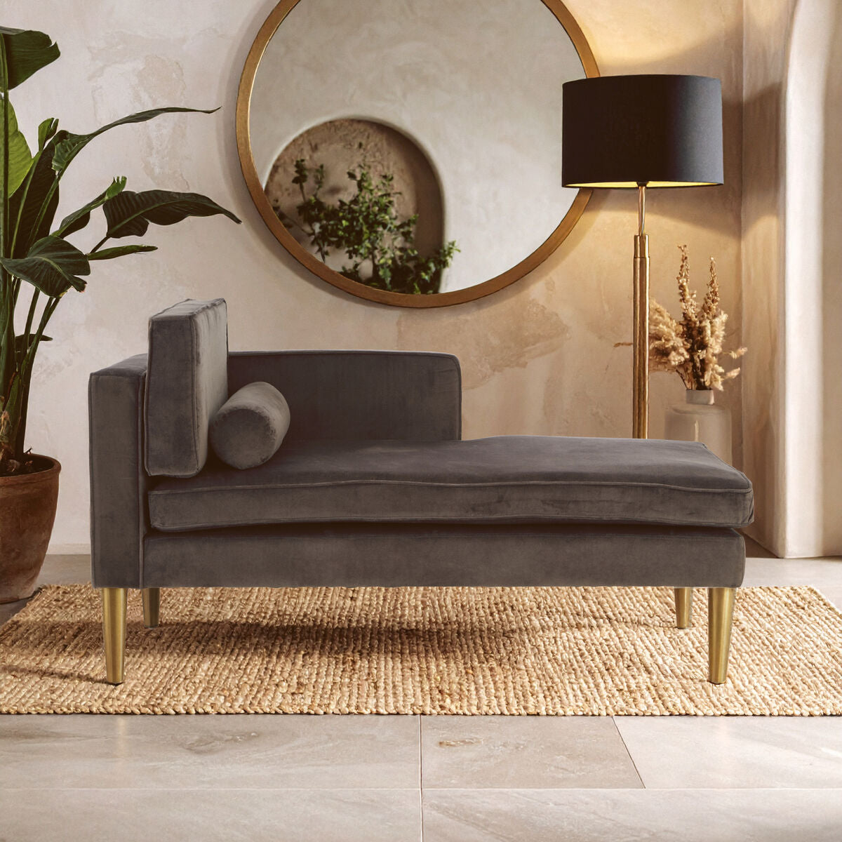 Grey Velvet Left Hand Chaise Longue