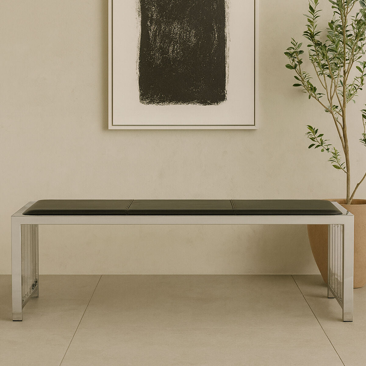 Black Leather Bench with Stainless Steel Frame