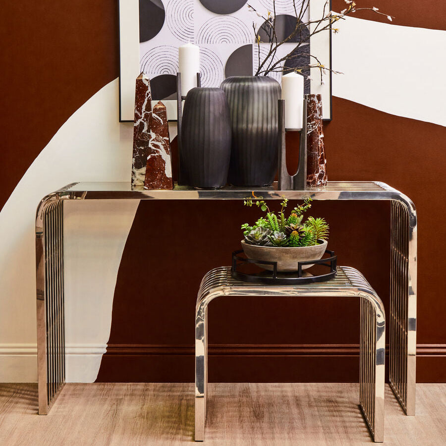 Clear Glass Side Table with Silver Finish Slatted Frame