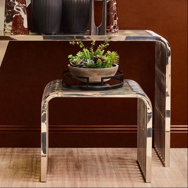 Clear Glass Side Table with Silver Finish Slatted Frame