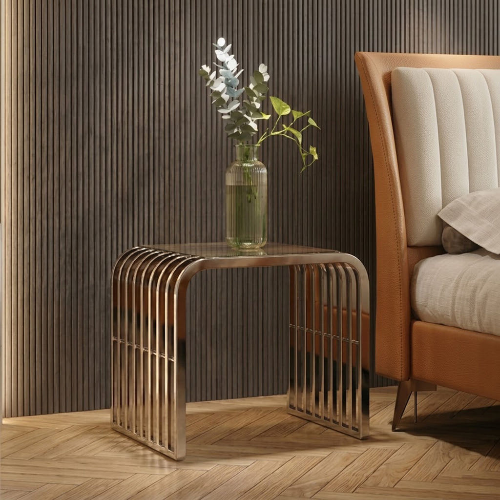 Clear Glass Side Table with Silver Finish Slatted Frame