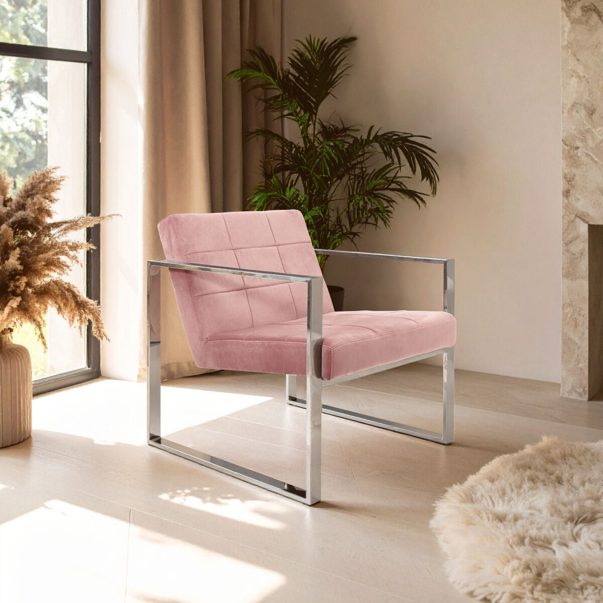 Pink Velvet Lounge Chair with Silver Finish Frame