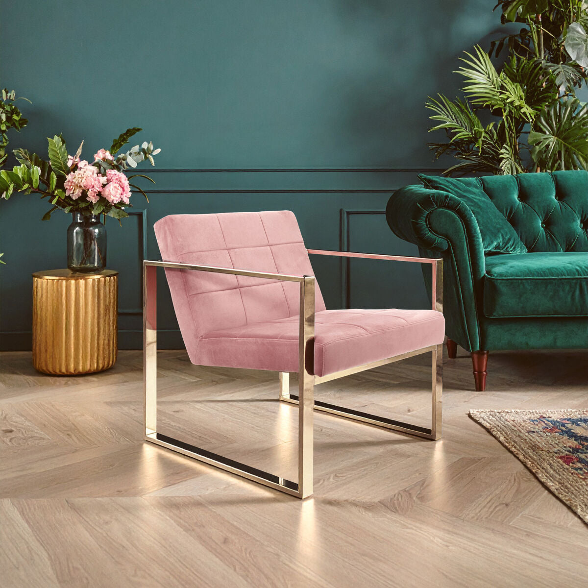 Pink Velvet Lounge Chair with Silver Finish Frame