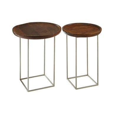Natural Wooden and Silver Finish Set of 2 Side Tables