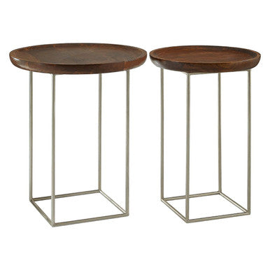 Natural Wooden and Silver Finish Set of 2 Side Tables