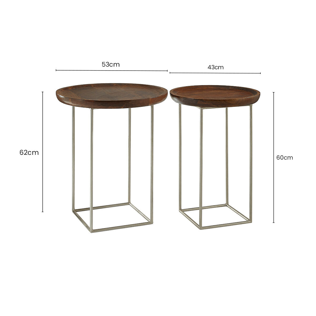 Natural Wooden and Silver Finish Set of 2 Side Tables