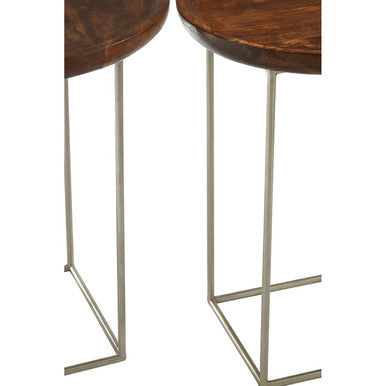 Natural Wooden and Silver Finish Set of 2 Side Tables