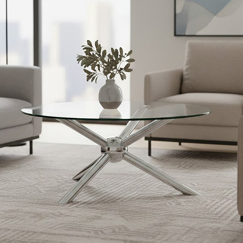 Round Clear Glass and Silver Finish Coffee Table with Sphere Base