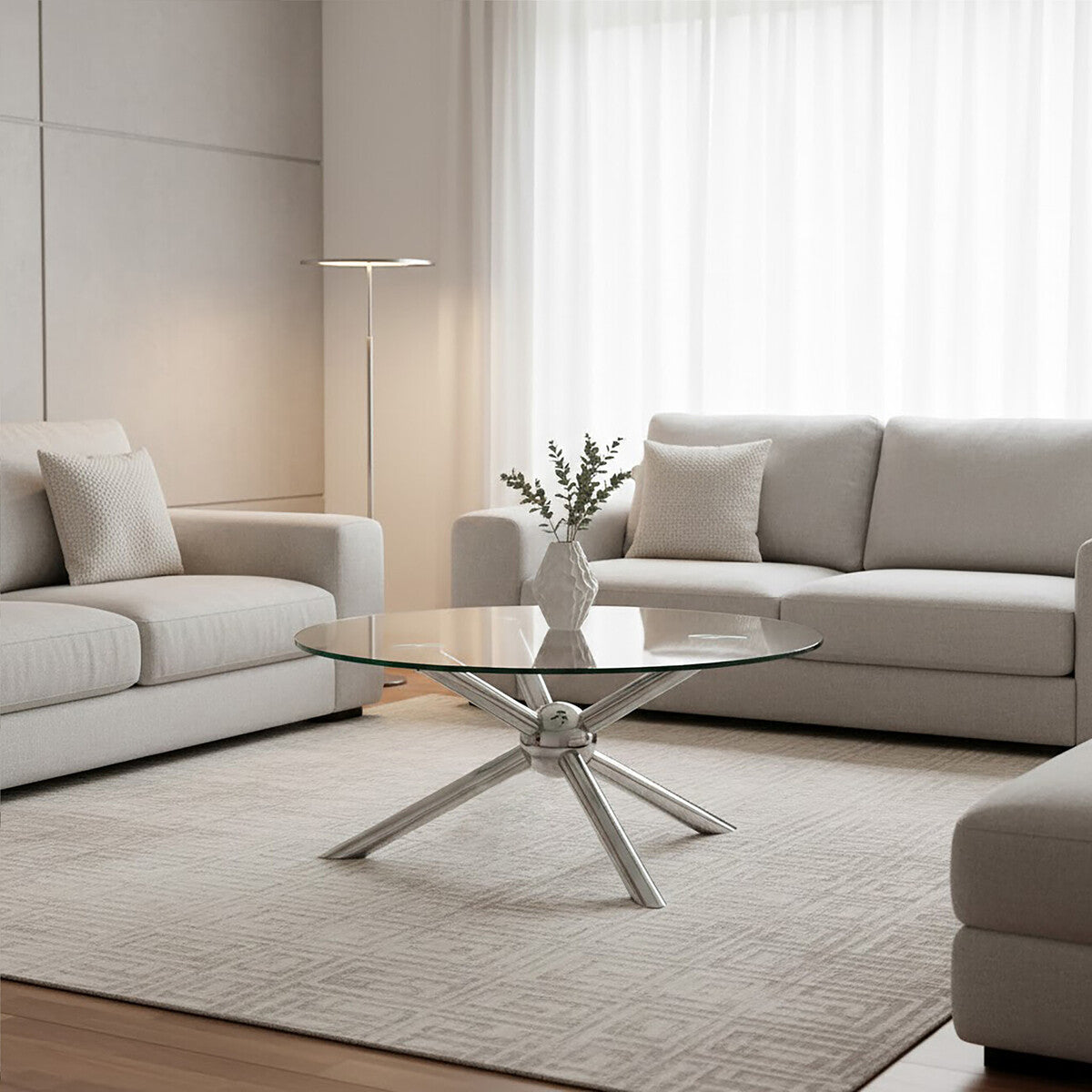 Round Clear Glass and Silver Finish Coffee Table with Sphere Base
