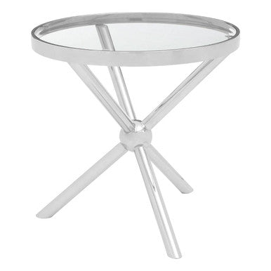 Round Clear Glass and Silver Finish Side Table with Sphere Base