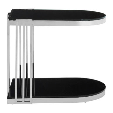 Black Glass and Silver Finish U Shaped Side Table