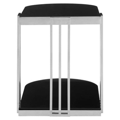 Black Glass and Silver Finish U Shaped Side Table