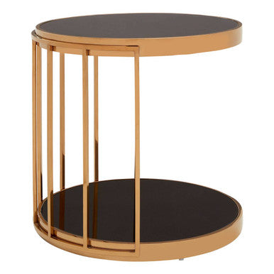 Black Glass and Rose Gold Finish Cage Design Side Table