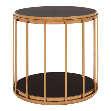 Black Glass and Rose Gold Finish Cage Design Side Table