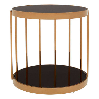 Black Glass and Rose Gold Finish Cage Design Side Table