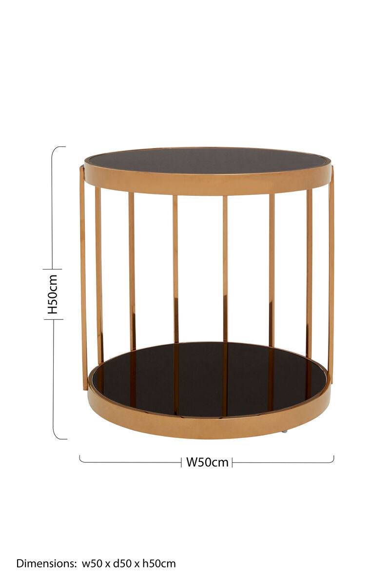 Black Glass and Rose Gold Finish Cage Design Side Table