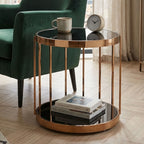 Black Glass and Rose Gold Finish Cage Design Side Table