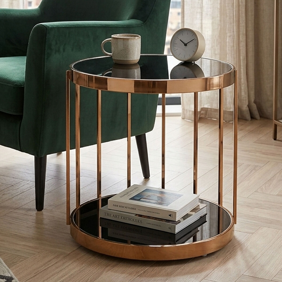 Black Glass and Rose Gold Finish Cage Design Side Table