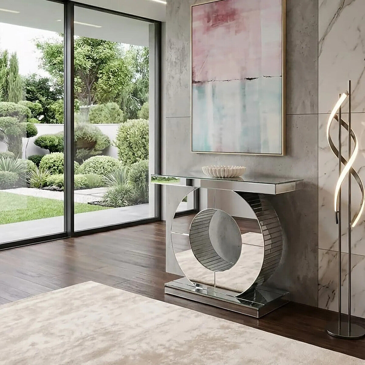 Mirrored Console Table with Round Mirrored Base and Decorative Ridges