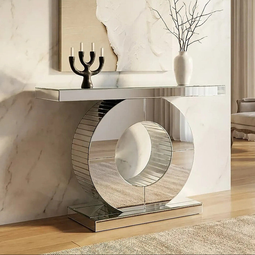 Mirrored Console Table with Round Mirrored Base and Decorative Ridges