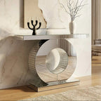Mirrored Console Table with Round Mirrored Base and Decorative Ridges