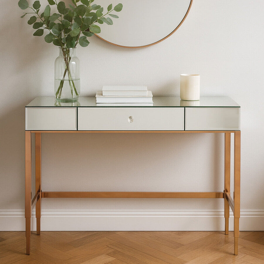 Rose Gold Finish Mirrored Console Table with Drawer