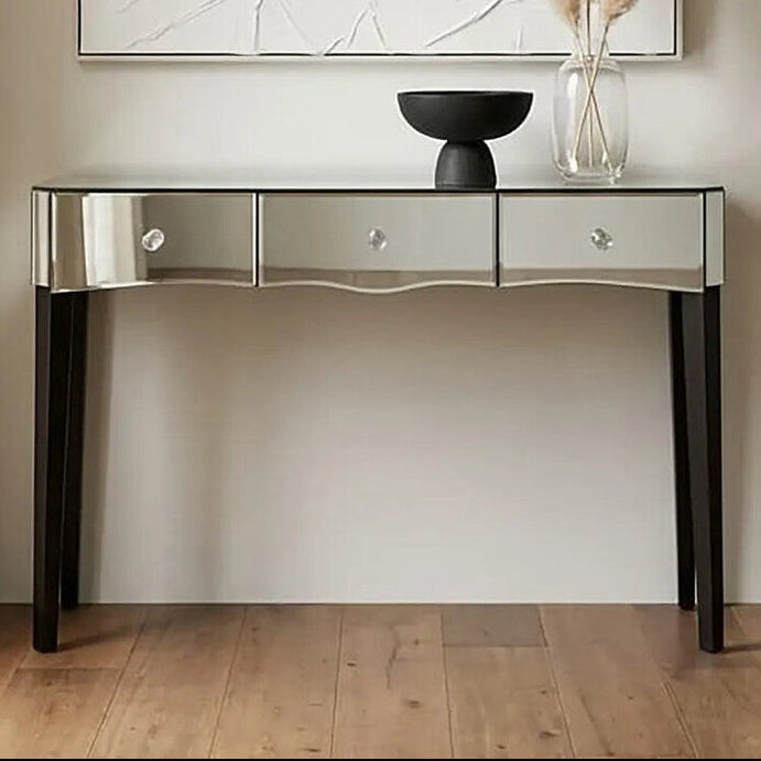 Silver Mirrored 3 Drawer Console Table with Crystal Knobs