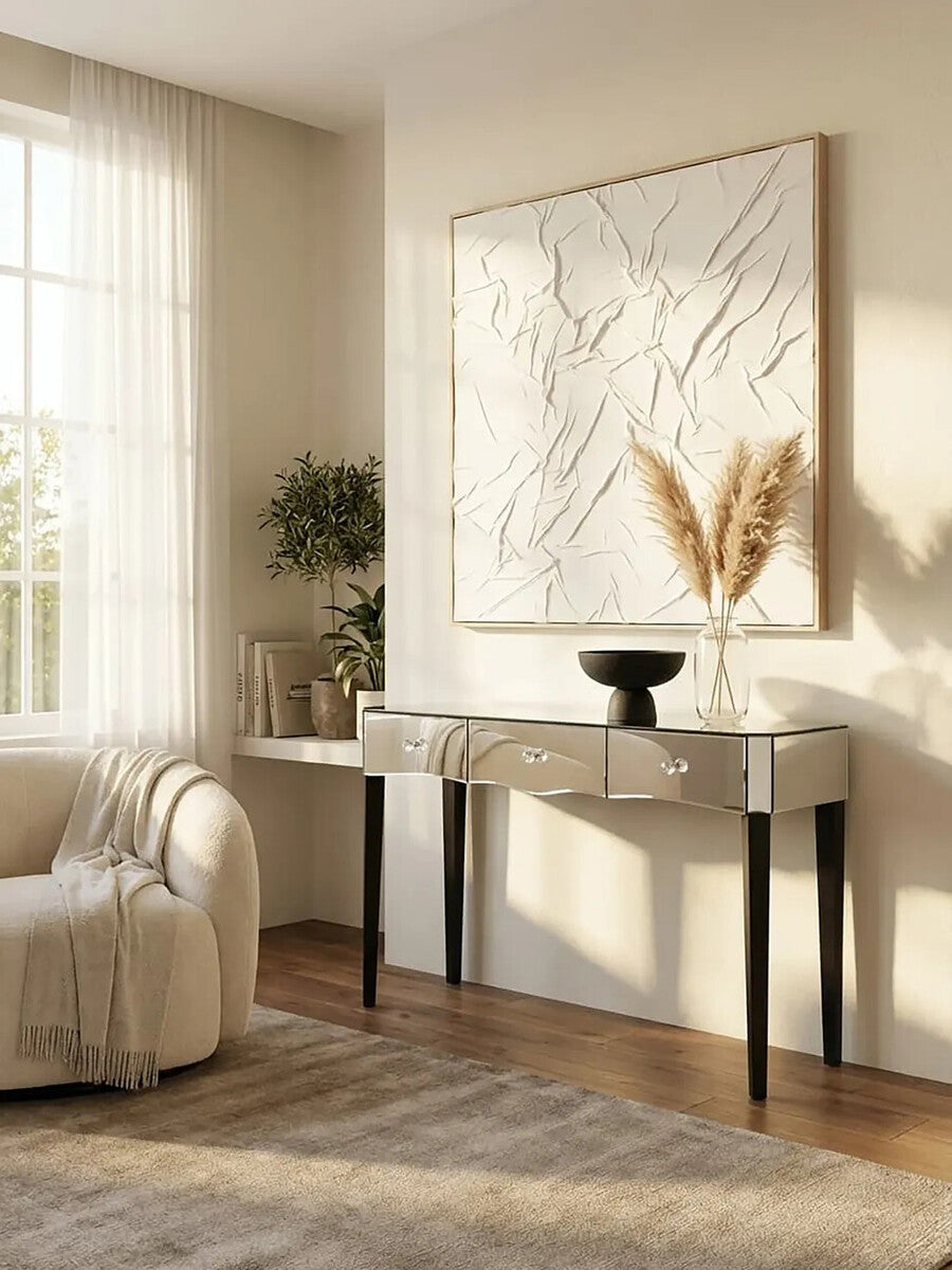 Silver Mirrored 3 Drawer Console Table with Crystal Knobs