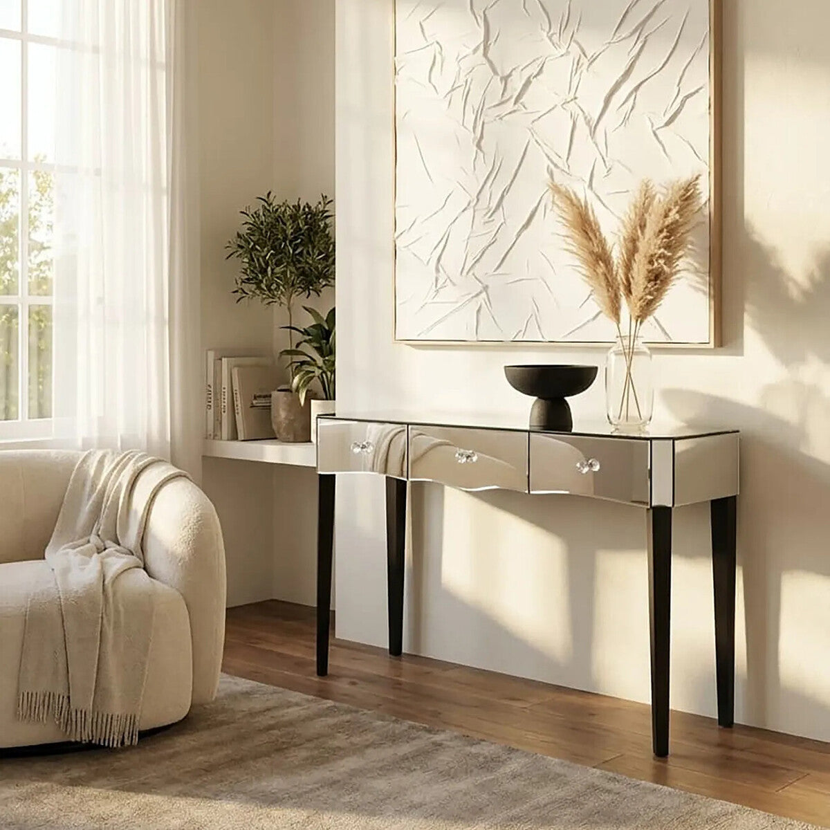 Silver Mirrored 3 Drawer Console Table with Crystal Knobs