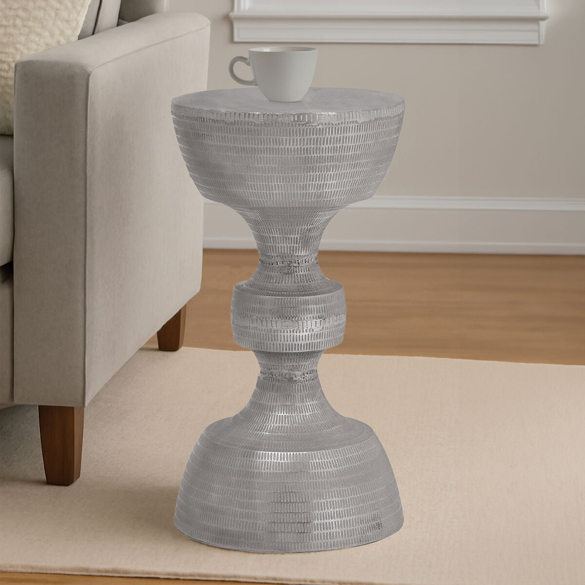 Silver Finish Textured Metal Large Side Table