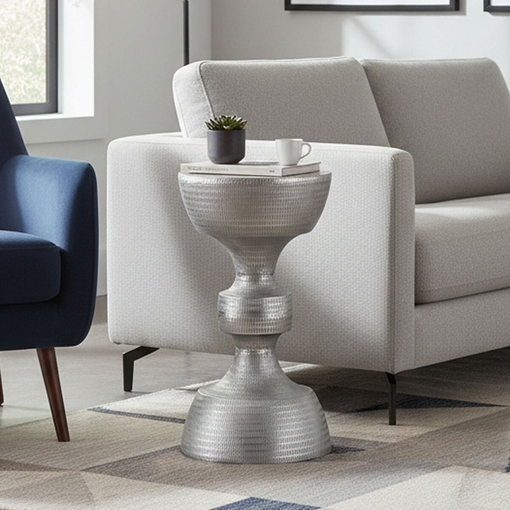 Silver Finish Textured Metal Large Side Table