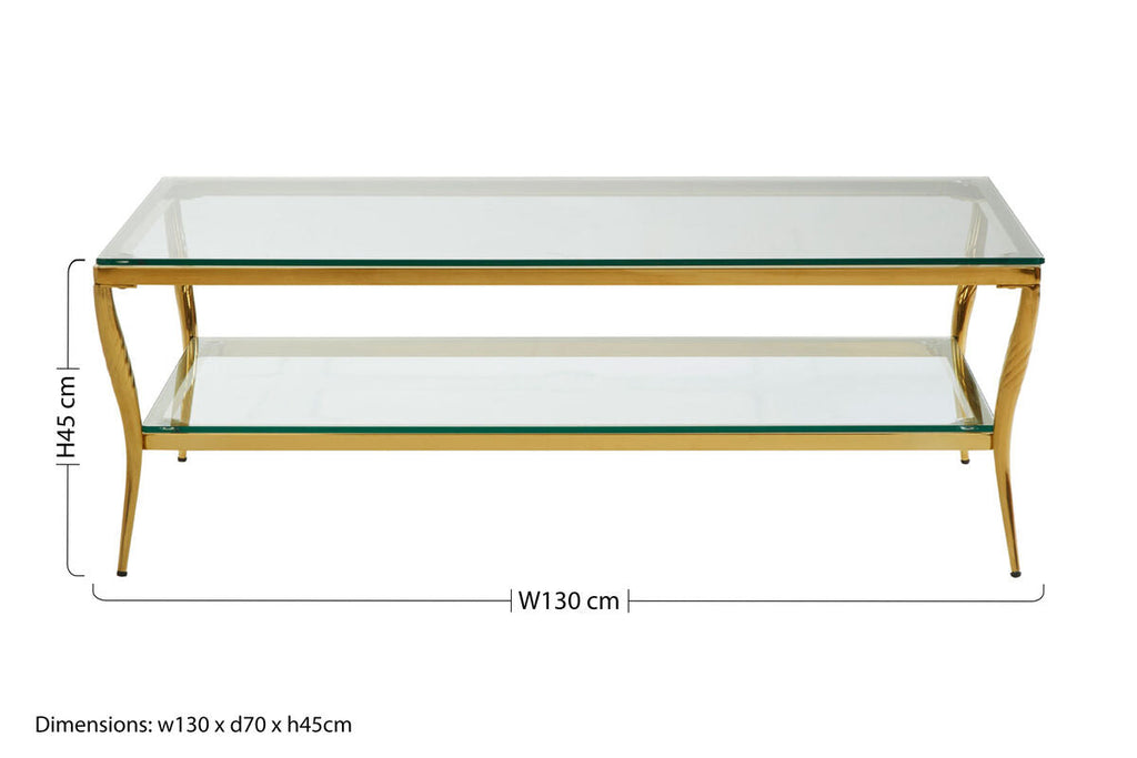 Clear Glass 2 Tier Coffee Table with Gold Finish Frame