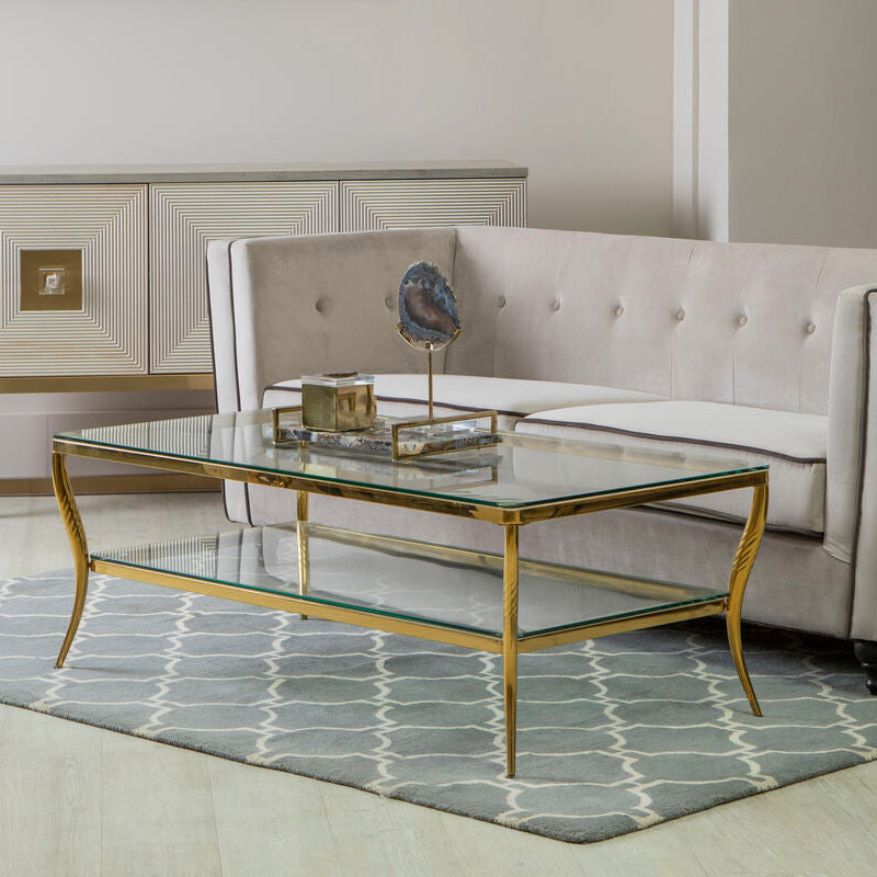 Clear Glass 2 Tier Coffee Table with Gold Finish Frame